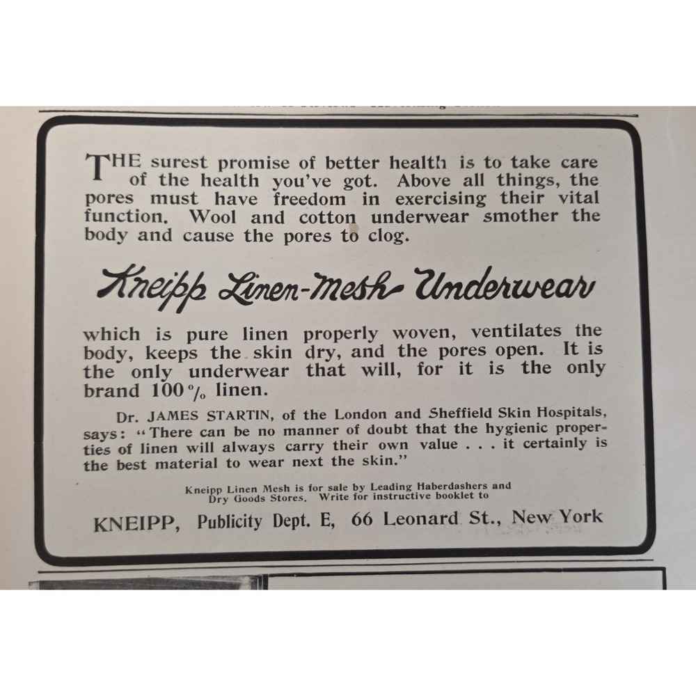 1904 Kneipp Linen-Mesh Underwear Print Ad Antique Health Advertisement New York